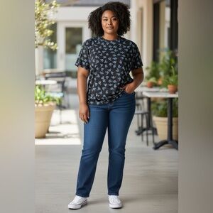 Addition Elle, Black & Blue Floral Modern Fit T-Shirt, Plus Size 3X